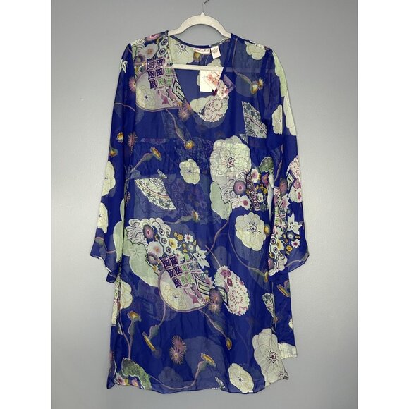 Pink Mode Kimono Tunic Top Womens 1X Blue Floral Sheer Tie Back Cover Up Boho - Picture 6 of 15